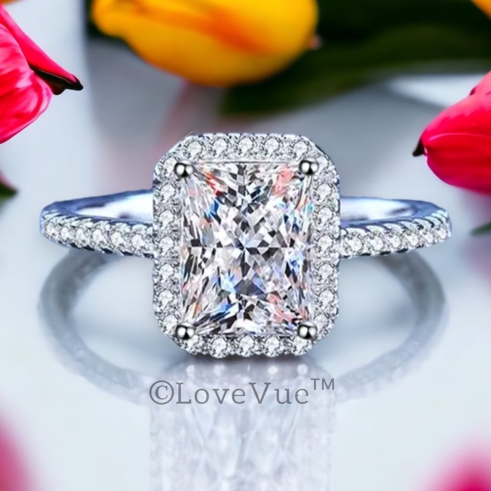 Certified 2ct. t.w. Diamond Radiant Cut Halo Engagement Wedding Ring - Picture 1 of 15
